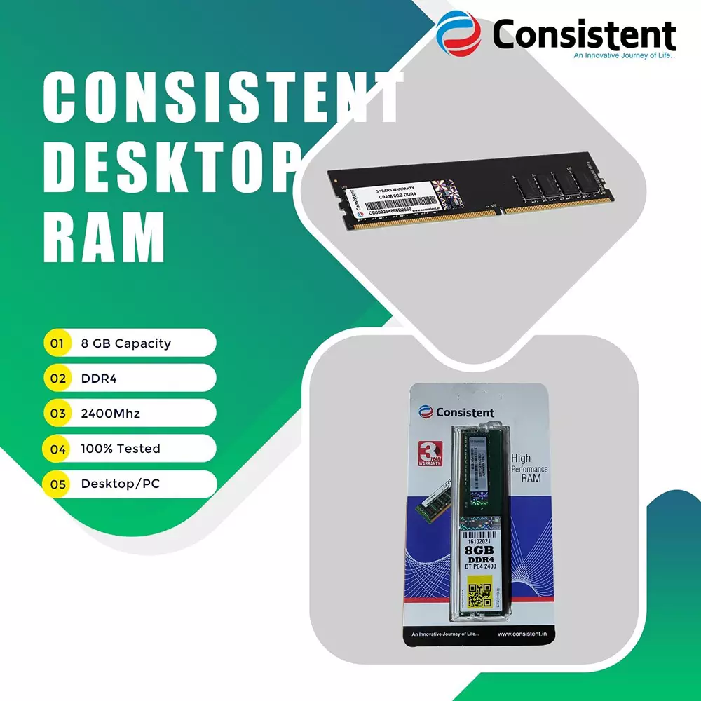 Consistent RAM 8 GB DDR4 2400 MHz Memory Speed DIMM for Desktop, Black