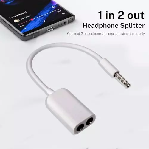 PremiumAV 3.5 mm Audio Jack Splitter Cable Adapter Male to Dual Female AUX Y Splitter for iPhone, iPad, Laptop, Mobile White