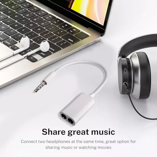 PremiumAV 3.5 mm Audio Jack Splitter Cable Adapter Male to Dual Female AUX Y Splitter for iPhone, iPad, Laptop, Mobile White