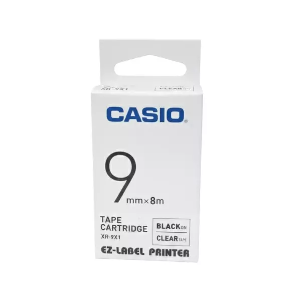 Casio 9 mm x 8 m Black On Clear EZ-Label Printer Tape Cartridge, XR-9X1-W-DJ