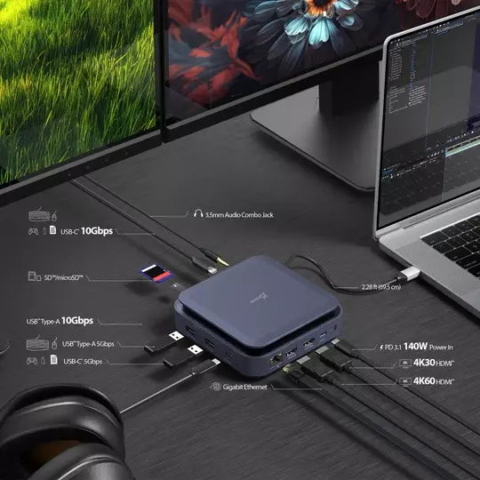 J5Create Powerful Dual 4K HDMI Docking Station with 140 W PD 3.1 Ultra-Fast USB 10 Gbps, Gigabit LAN, JCD3196