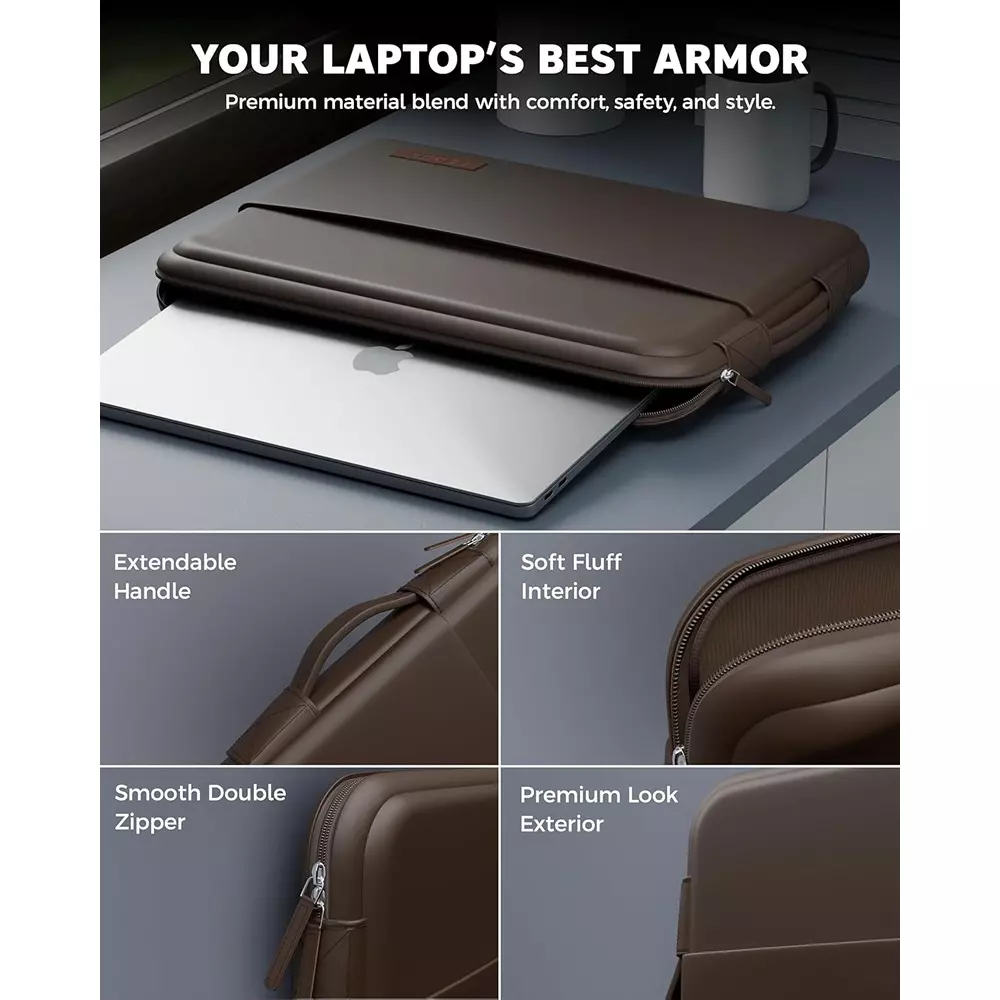 FEDUS ORO Premium Vegan Leather Laptop Sleeve 39.62 cm (15.6 inch) Shockproof with Accessory Pocket & Handle, Cinnamon Brown