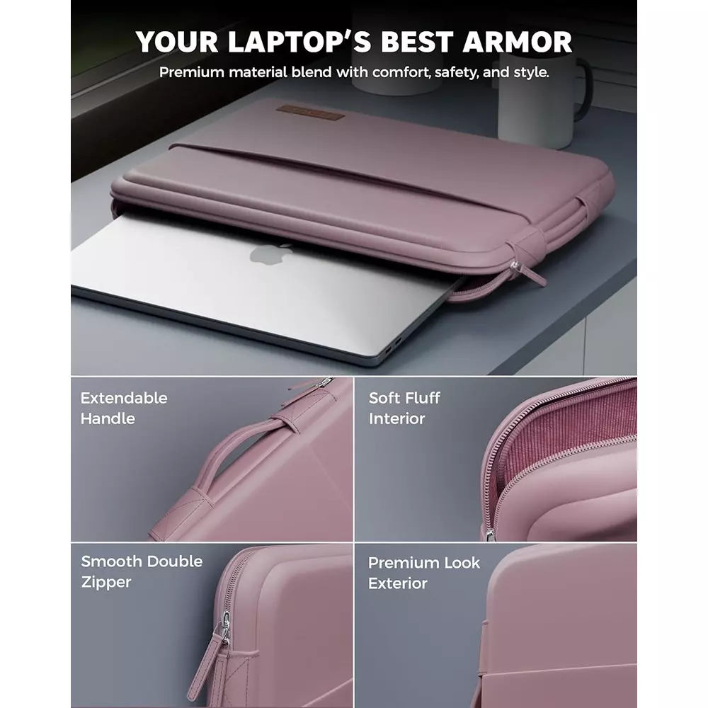 FEDUS ORO Premium Vegan Leather Laptop Sleeve 35.56 cm (14 inch) Shockproof with Accessory Pocket & Handle, Powder Pink