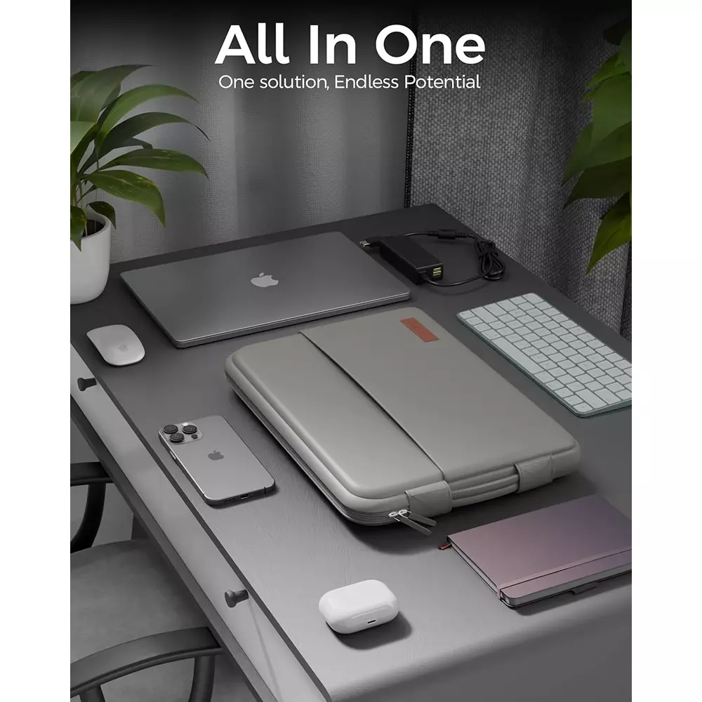 FEDUS ORO Premium Vegan Leather Laptop Sleeve 35.56 cm (14 inch) Shockproof with Accessory Pocket & Handle, Cloud Grey