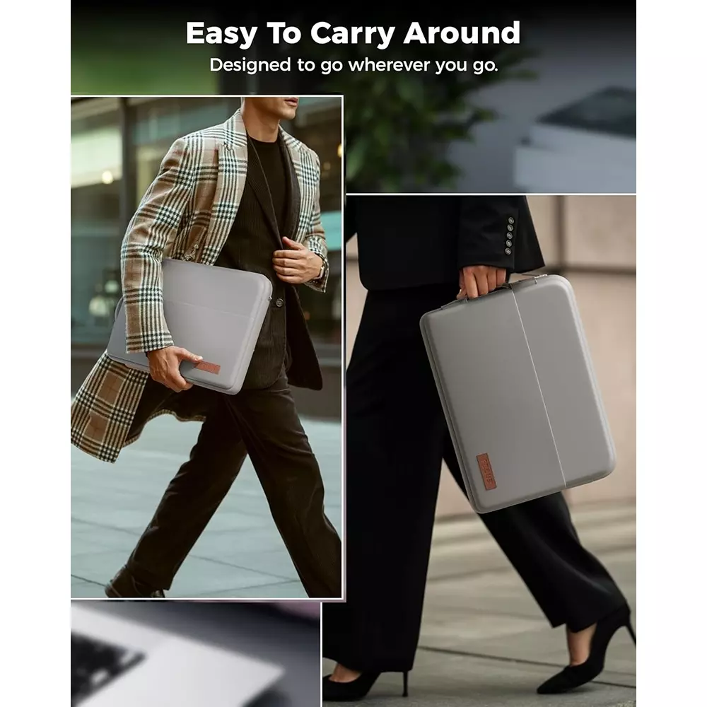 FEDUS ORO Premium Vegan Leather Laptop Sleeve 35.56 cm (14 inch) Shockproof with Accessory Pocket & Handle, Cloud Grey