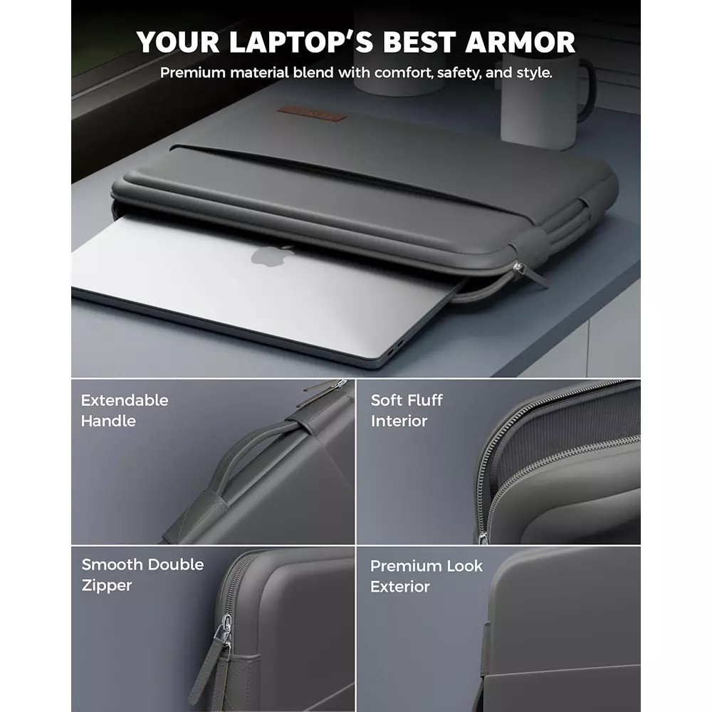 FEDUS ORO Premium Vegan Leather Laptop Sleeve 39.62 cm (15.6 inch) Shockproof with Accessory Pocket & Handle, Dim Grey