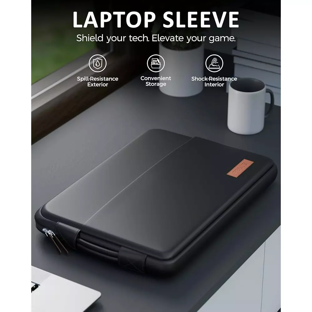 FEDUS ORO Premium Vegan Leather Laptop Sleeve 39.62 cm (15.6 inch) Shockproof with Accessory Pocket & Handle, Onyx Black