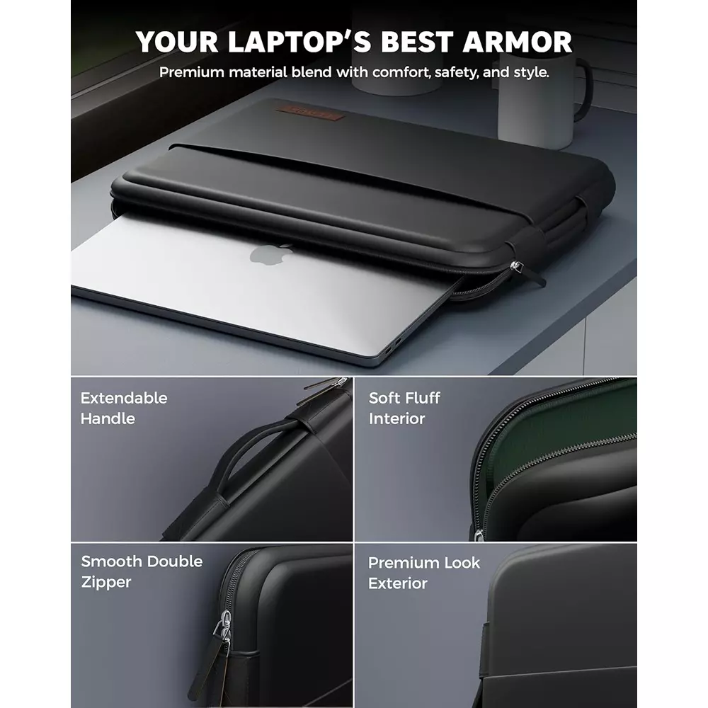 FEDUS ORO Premium Vegan Leather Laptop Sleeve 39.62 cm (15.6 inch) Shockproof with Accessory Pocket & Handle, Onyx Black