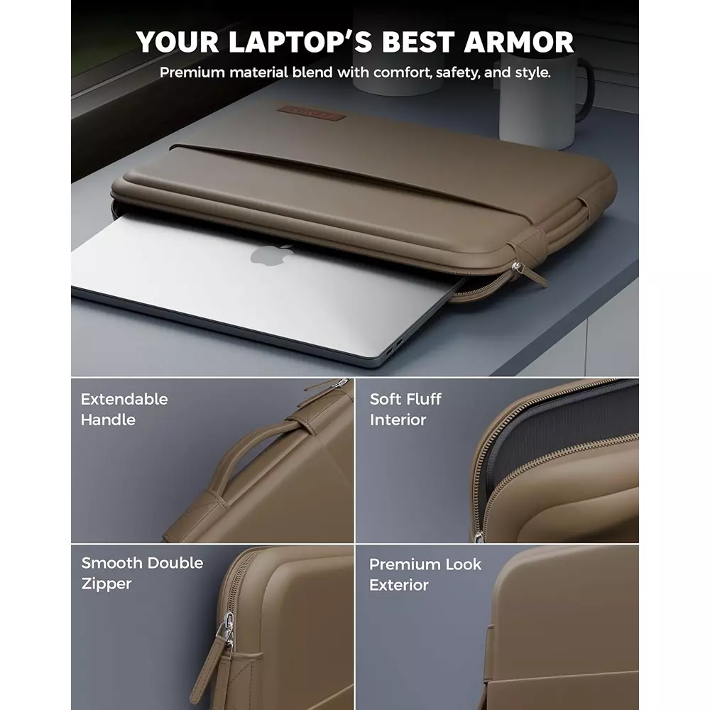 FEDUS ORO Premium Vegan Leather Laptop Sleeve 39.62 cm (15.6 inch) Shockproof with Accessory Pocket & Handle, Caramel Sand