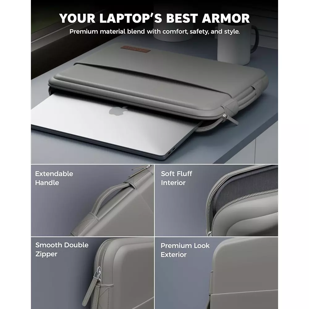 FEDUS ORO Premium Vegan Leather Laptop Sleeve 39.62 cm (15.6 inch) Shockproof with Accessory Pocket & Handle, Cloud Grey