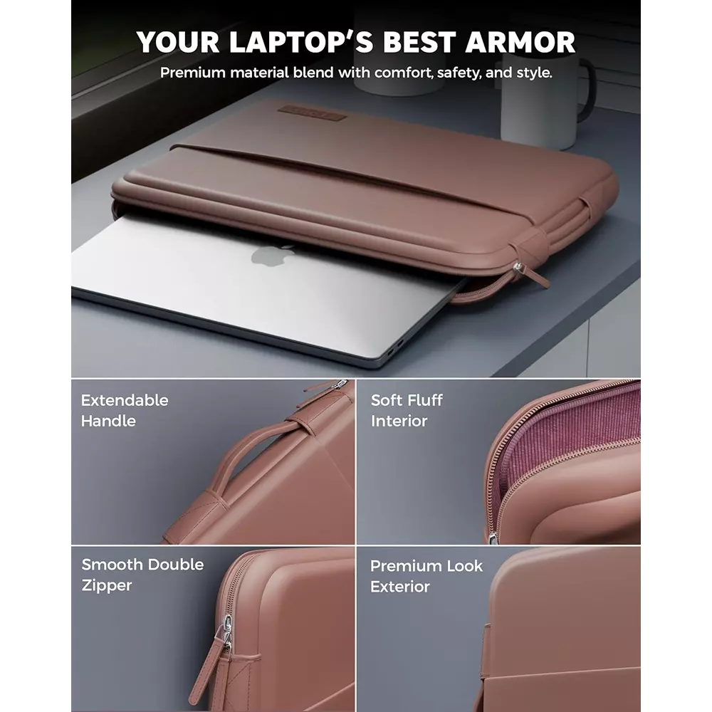 FEDUS ORO Premium Vegan Leather Laptop Sleeve 35.56 cm (14 inch) Shockproof with Accessory Pocket & Handle, Dusty Coral