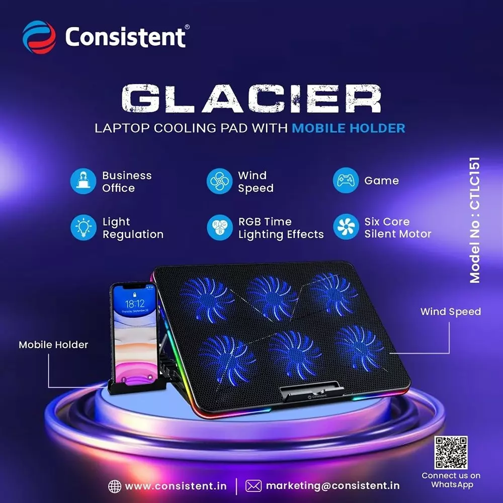 Consistent Laptop Cooling Pad With Mobile Holder 6 RGB Fan Silent Cooling Fan USB Powered Black