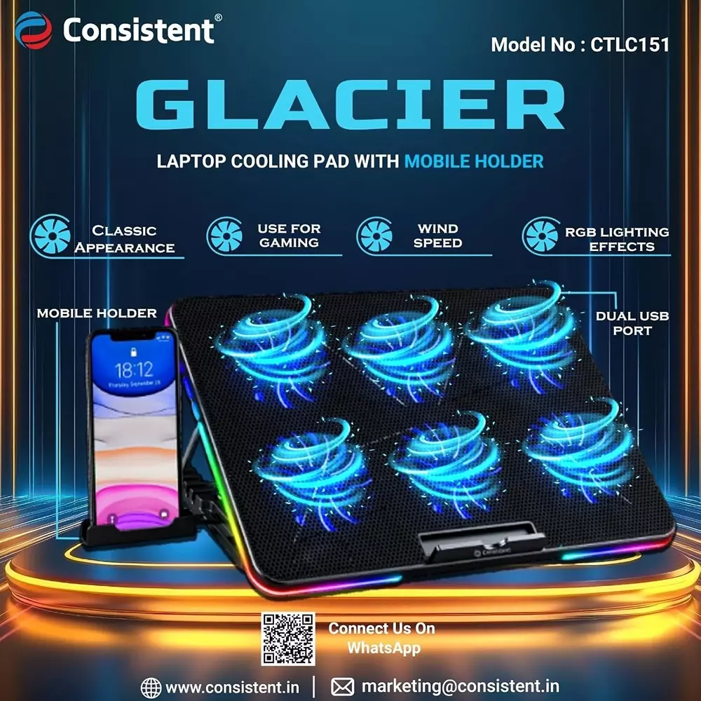 Consistent Laptop Cooling Pad With Mobile Holder 6 RGB Fan Silent Cooling Fan USB Powered Black