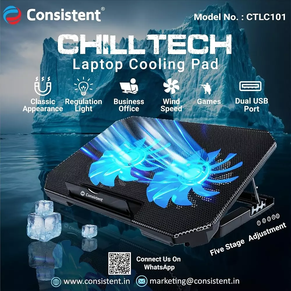 Consistent Laptop Cooling Pad 2 RGB Fan Silent Cooling Fan Dual USB Powered Black