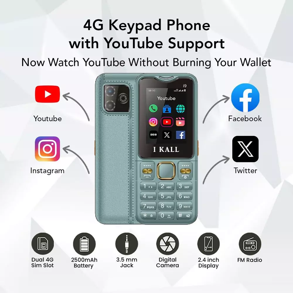 I Kall I9 4G Dual Sim Keypad Phone Green (2.4 Inch) 60.96 mm Screen Size 2500 mAh Battery Capacity