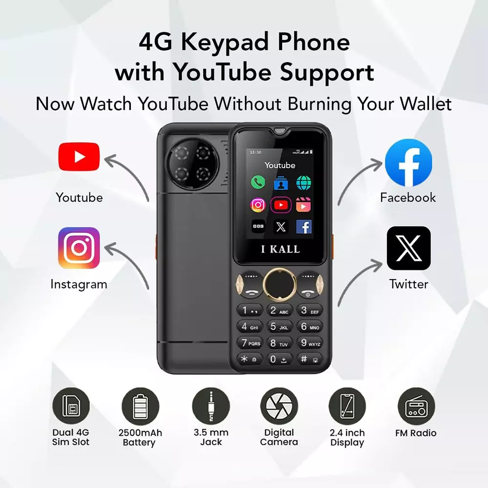 I Kall I8 4G Dual Sim Keypad Phone Black (2.4 Inch) 60.96 mm Screen Size 2500 mAh Battery Capacity