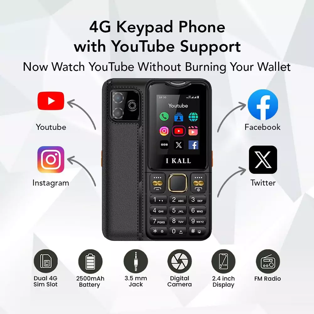 I Kall I9 4G Dual Sim Keypad Phone Black (2.4 Inch) 60.96 mm Screen Size 2500 mAh Battery Capacity