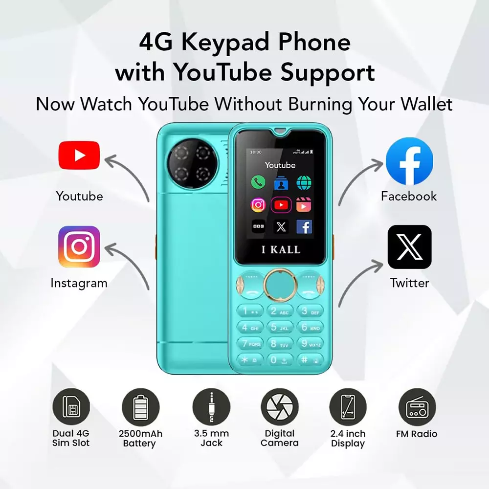 I Kall I8 4G Dual Sim Keypad Phone Blue (2.4 Inch) 60.96 mm Screen Size 2500 mAh Battery Capacity