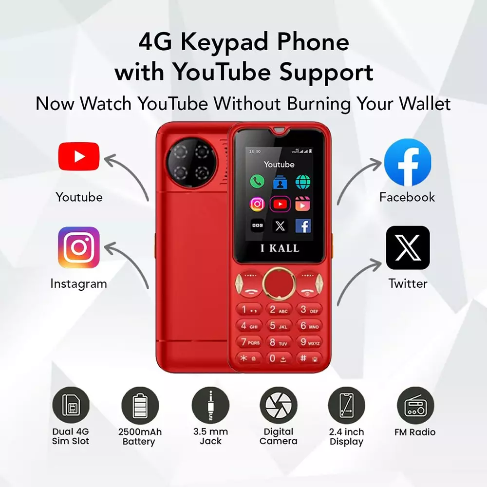 I Kall I8 4G Dual Sim Keypad Phone Red (2.4 Inch) 60.96 mm Screen Size 2500 mAh Battery Capacity