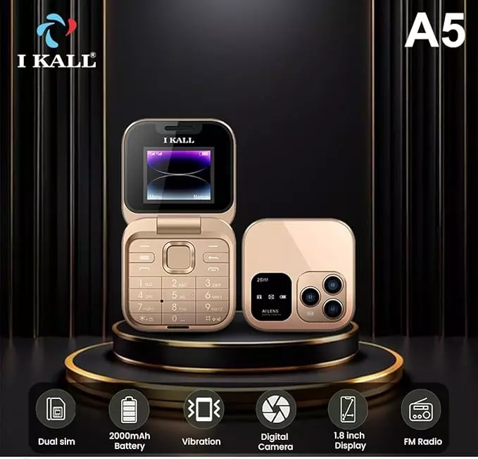 Ikall Flip Keypad Mobile Phone 1.8 inch (45.72 mm) Display, 2000 mAh Battery, 2G GSM, FM Radio, MP3 Player, IK-A5-GLD