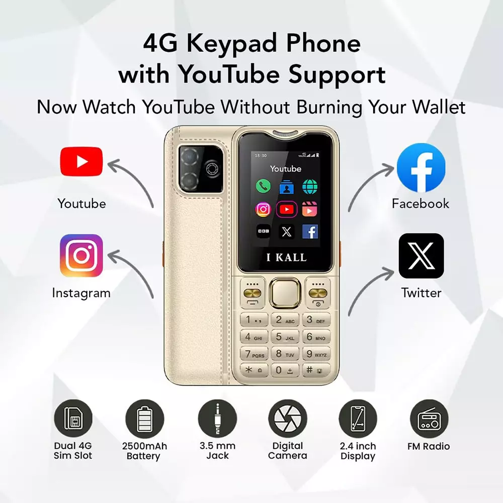 I Kall I9 4G Dual Sim Keypad Phone Golden (2.4 Inch) 60.96 mm Screen Size 2500 mAh Battery Capacity