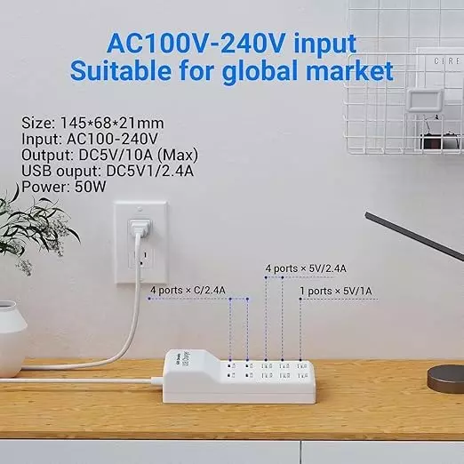 Mak World USB C Charger Block with 65 W Power Rating and 10 USB Ports in White Color, ‎GRD-TYPE C 10 PORT