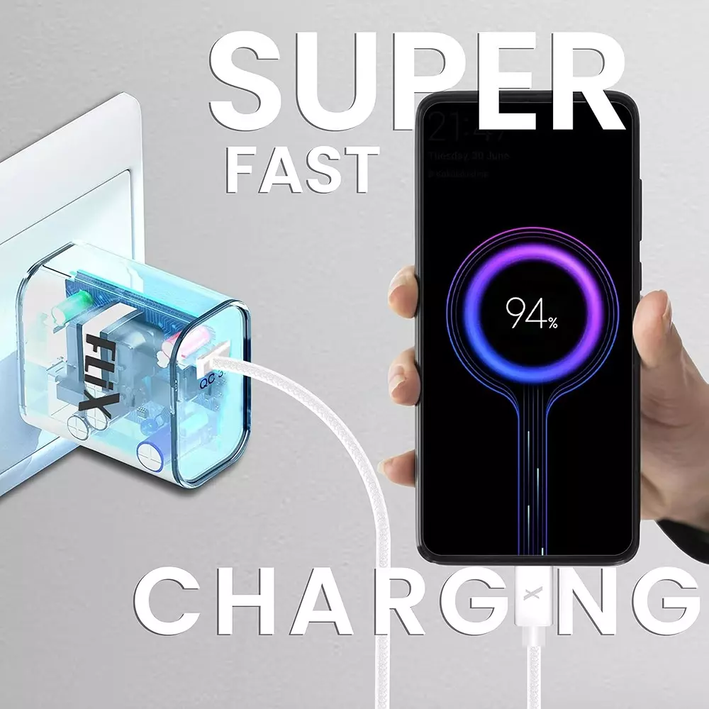 Flix QC3.0 Wall Charger 18W Type A to Type C 3 A USB Cable Type, XWC-SS118
