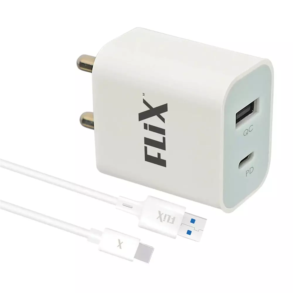 Flix Wall Charger With Cable 18 W Type A, 22 W Type C 3 A USB Cable Type