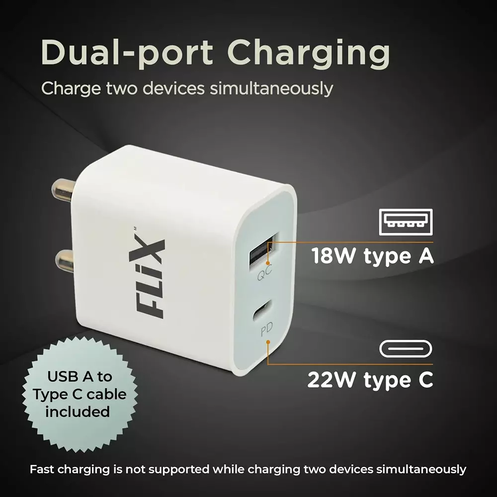 Flix Wall Charger With Cable 18 W Type A, 22 W Type C 3 A USB Cable Type