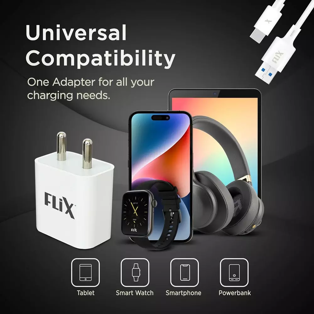 Flix Wall Charger With Cable 18 W Type A, 22 W Type C 3 A USB Cable Type