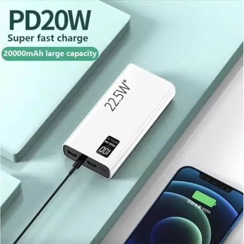 PremiumAV Power Bank 20000 mAh Dual USB Output, Type-C & Micro USB Input White