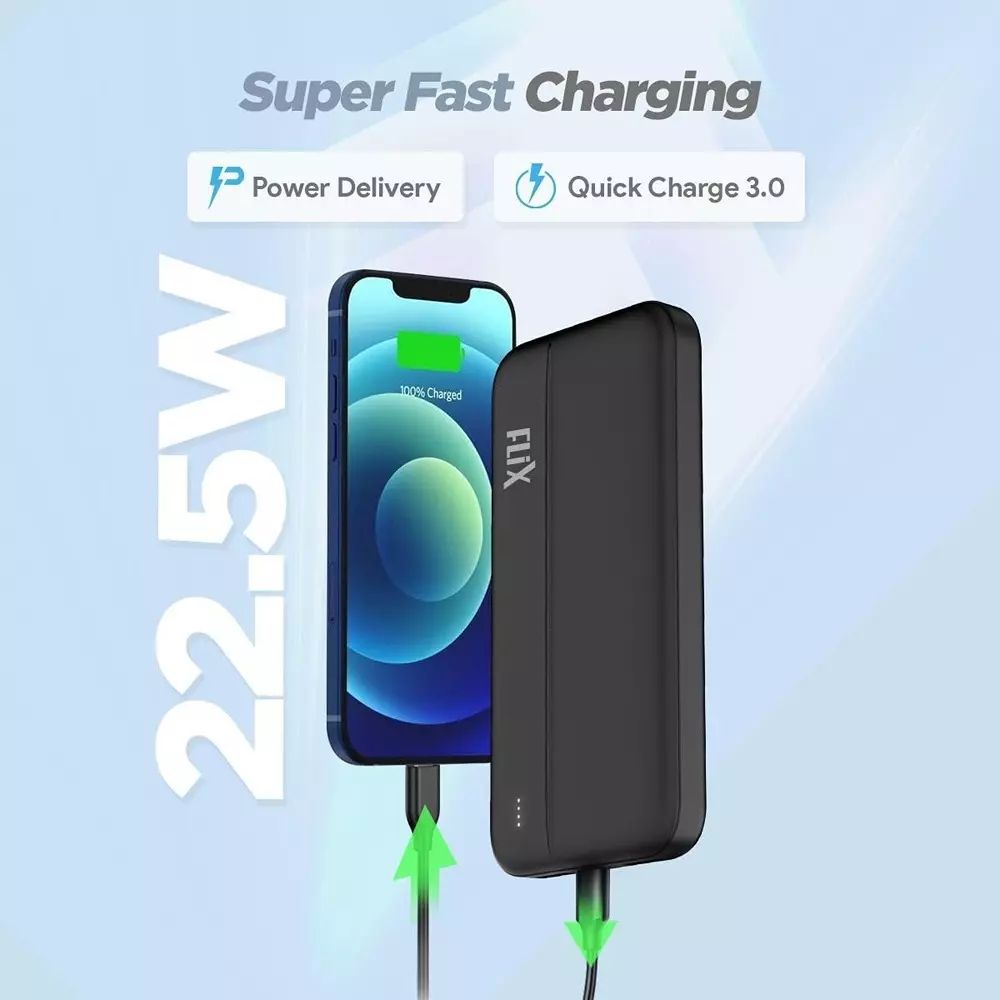 Flix Beetel QCPD Power Bank 22.5 W 10000 mAH Battery Capacity USB C/B Black