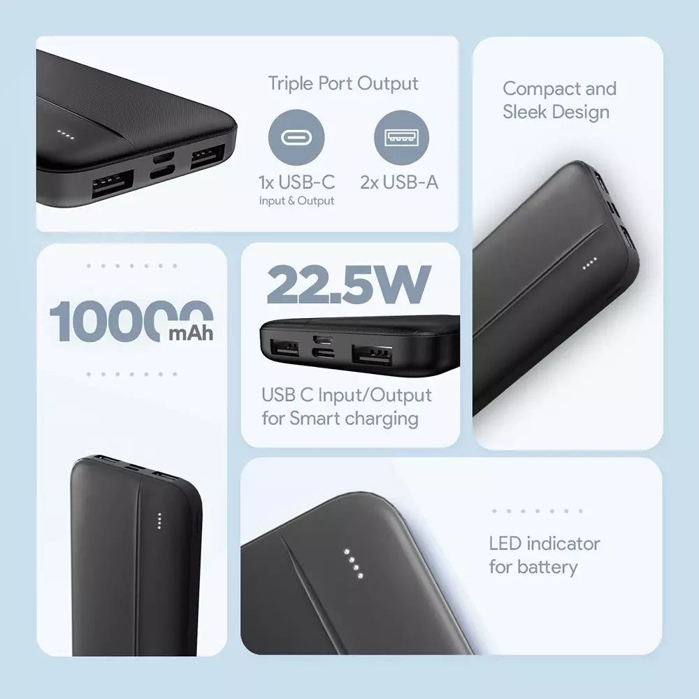 Flix Beetel QCPD Power Bank 22.5 W 10000 mAH Battery Capacity USB C/B Black