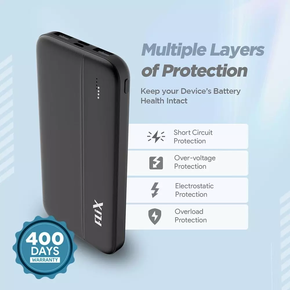 Flix Beetel QCPD Power Bank 22.5 W 10000 mAH Battery Capacity USB C/B Black