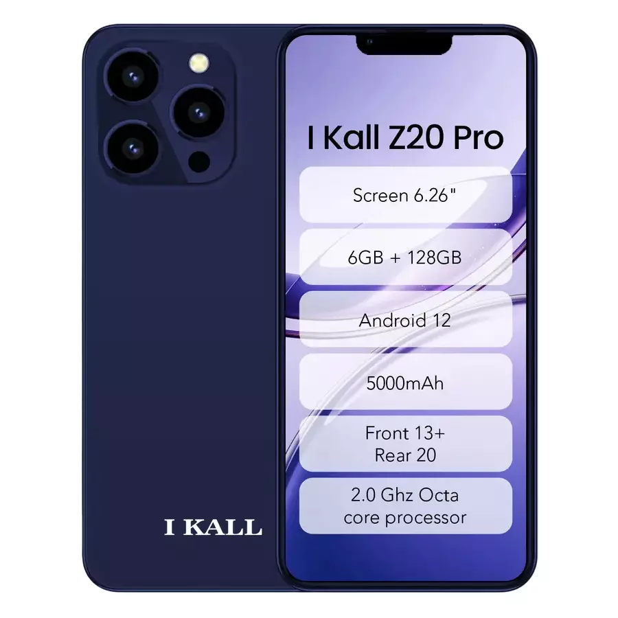I Kall Z20 Pro Smart Phone Blue 15.9 cm (6.26 inch) Display, 5000 mAh Battery, 20 MP Camera, Android 12, 128 GB ROM & 6 GB RAM
