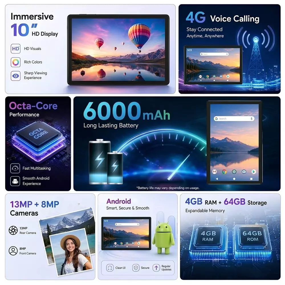 i-kall-n19-4g-calling-tablet-android-12-64-gb-rom-4-gb-ram-dual-sim-6000-mah-battery-octa-core-mediatek-mtk6757-processor-blue-ikl-blue-n19tab