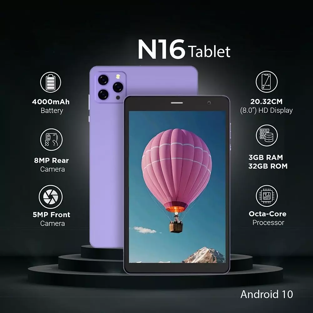 I Kall N16 4G Tablet Purple 8 Inch (203.2 mm) 3 GB RAM, 32 GB ROM, Octa Core 1.6 GHz, Android 10, 4000 mAh Battery, Dual Camera, Wi-Fi+Voice Calling