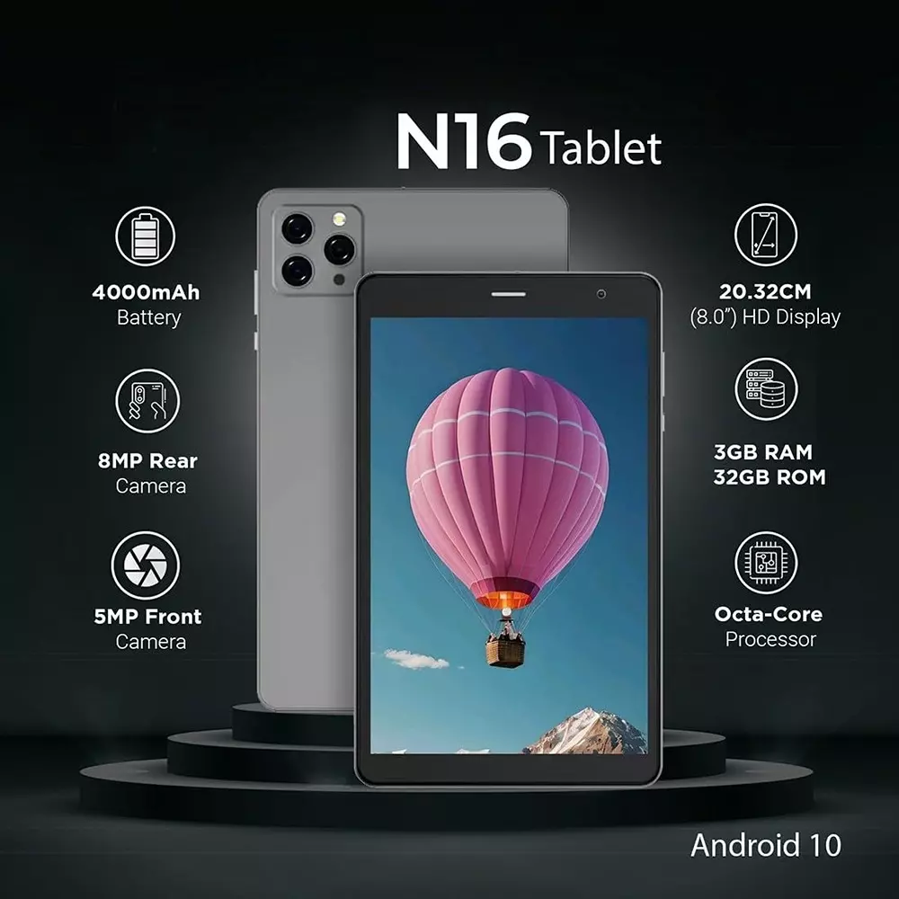 I Kall N16 4G Tablet Grey 8 Inch (203.2 mm) 3 GB RAM, 32 GB ROM, Octa Core 1.6 GHz, Android 10, 4000 mAh Battery, Dual Camera, Wi-Fi+Voice Calling