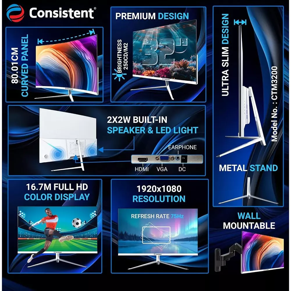Consistent Curved LED Monitor White 80 cm (32 inch) 1920x1080 Pixels 16.7 M Color Display, CTM3200