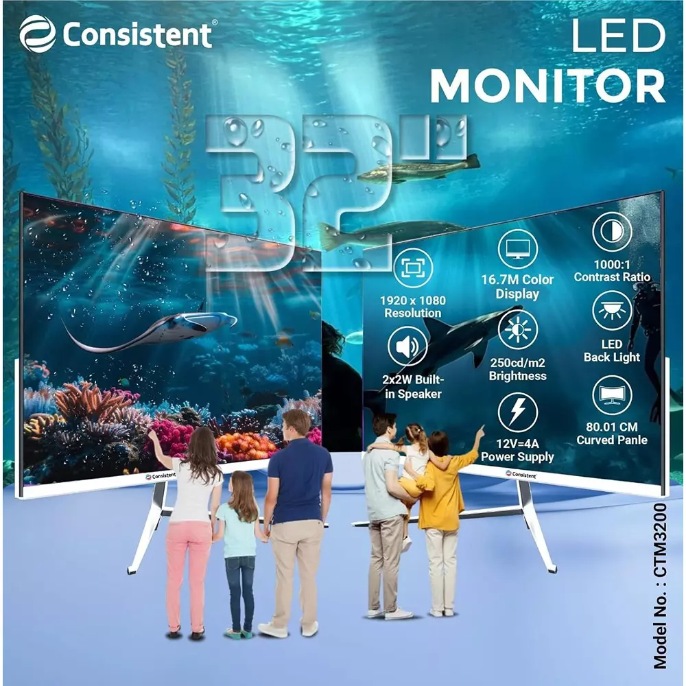 Consistent Curved LED Monitor White 80 cm (32 inch) 1920x1080 Pixels 16.7 M Color Display, CTM3200