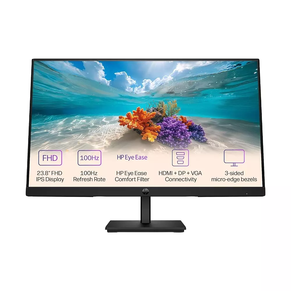HP Monitor 23.8 Inch (604.50 mm) Screen Size LCD Display Type 16:9 Aspect Ratio‎ 1920 x 1080 Native Resolution 5 Milliseconds Response Time 100 Hz Refresh Rate, 9U5J5UT