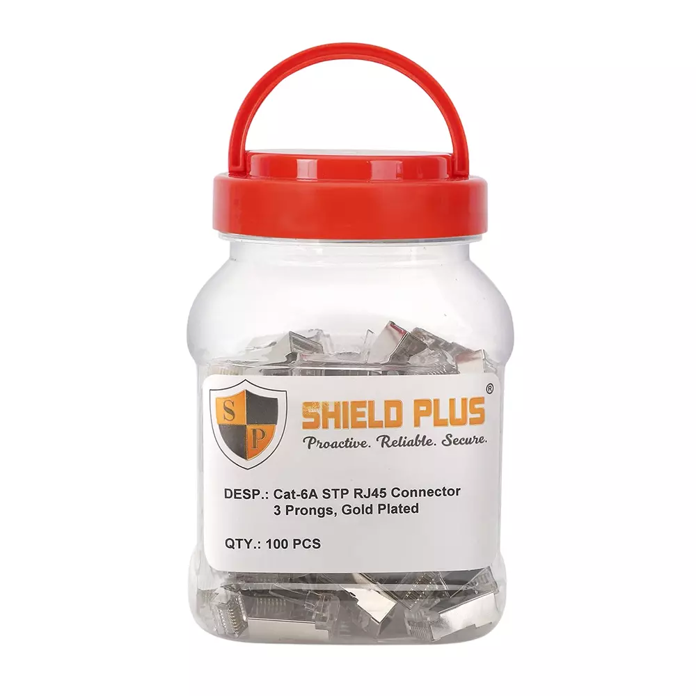 Shield Plus CAT-6A STP RJ45 Connector 3 Prongs Gold Plated (Pack of 100 Pcs)