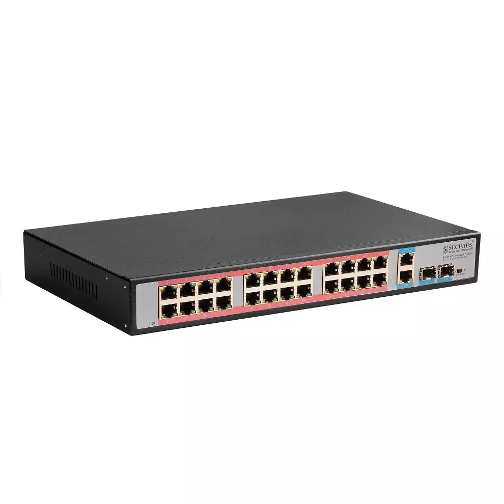 Securus Fiber PoE Switch Black Color 4.1 M Data Caching Mechanism and 96 to 264 V AC Voltage Range, SS-N24GP-G2-S2