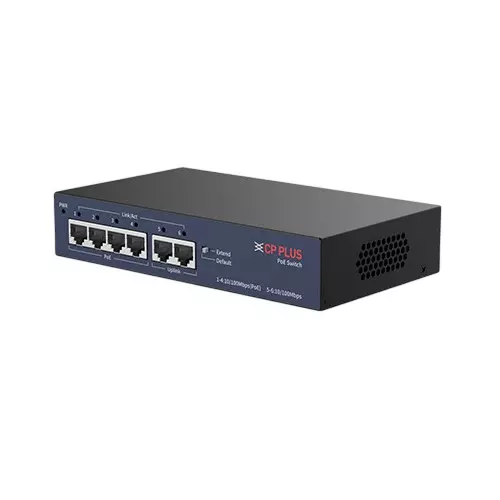 CP PLUS 6 Ports Ethernet Switch with 4 PoE Ports & 2 Uplink Ports 1.2 Gbps Switching Capacity 768 Kbit Packet Buffer Memory, CP-UNW-HPU4H2-48