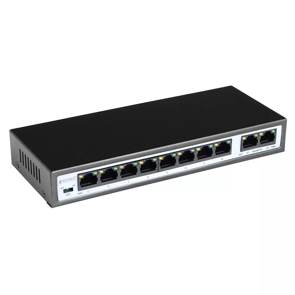 Securus Full Gigabit PoE Switch Black Color 1 M Data Caching Mechanism and 48 V to 56 V DC Voltage Range, SS-N08GP-G2
