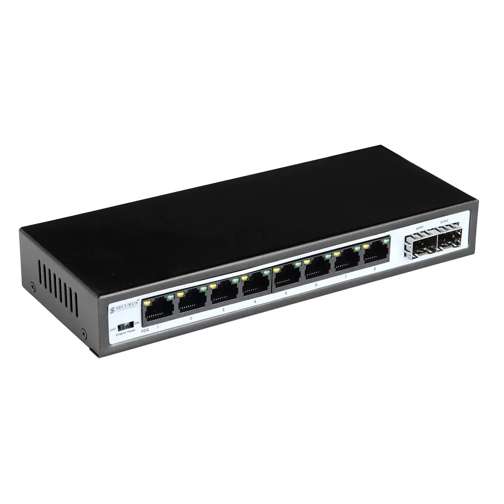 Securus Fiber PoE Switch Black Color 1 M Data Caching Mechanism and 48 V to 56 V DC Voltage Range, SS-N08GP-S2