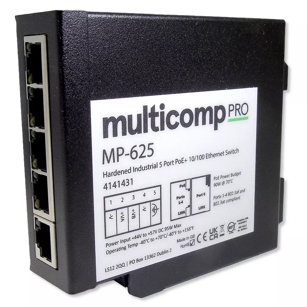 MULTICOMP PRO Ethernet Switch 5 Ports No. of Unmanaged PoE Fast Type RJ45x5 Port Types, MP-625