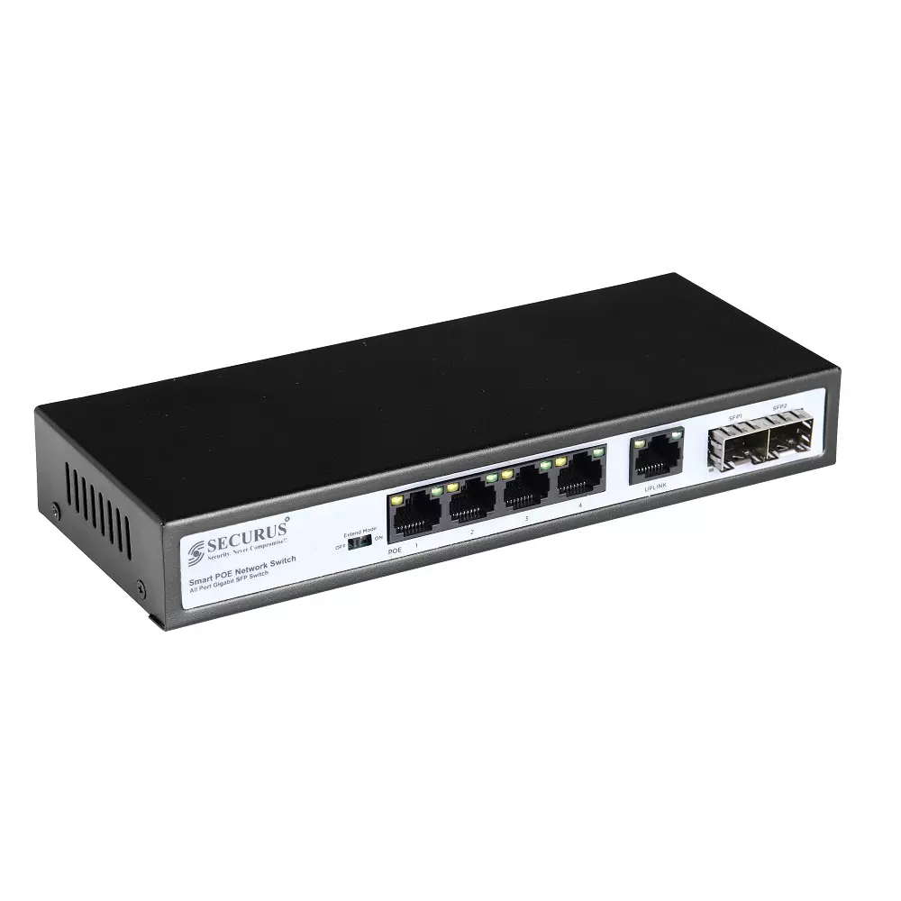 Securus Fiber PoE Switch Black Color 448K Data Caching Mechanism and 48 V to 56 V DC Voltage Range, SS-N04GP-G1-S2