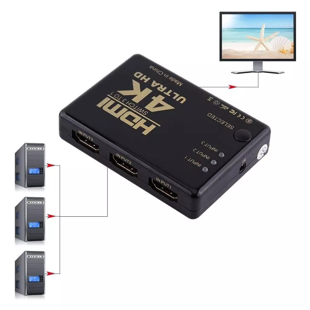 LOTA High-Speed 3x1 HDMI Switch Black 3 Input & 1 Output Ports with Remote, MST-834-LT