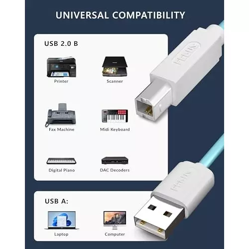 FEDUS USB A Male To USB B 2.0 Male Cord Cable Cyan and White 3 m